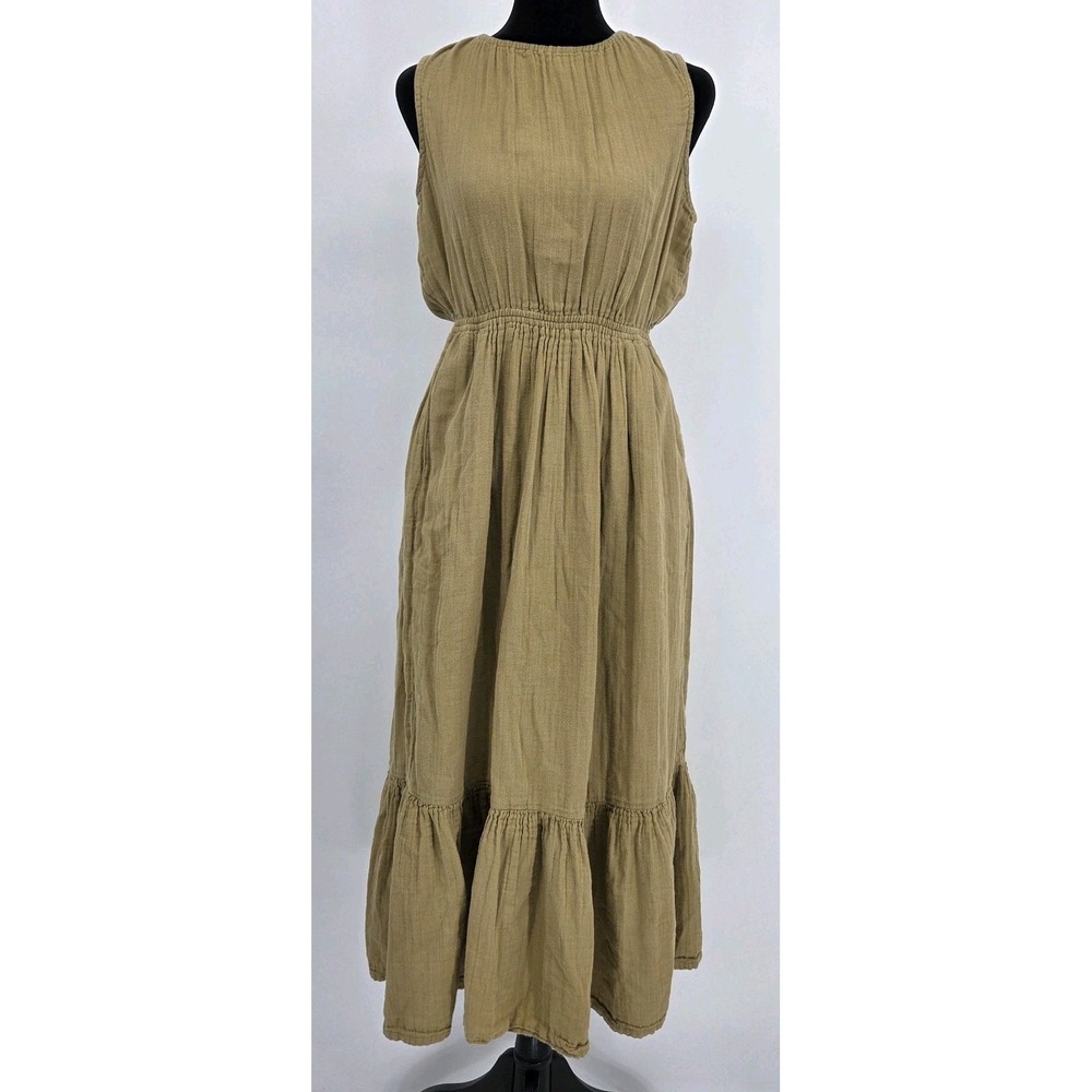 Pact Women's Coastal Double Gauze Cutout Midi Dress Medium Olive Green